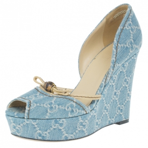 Pre Owned Gucci Guccissima Denim D'orsay Wedges Size 37