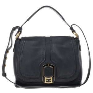Pre Owned Fendi Black Pebbled Leather Front Flap Crossbody Bag