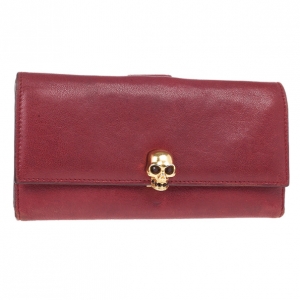 Pre Owned Alexander McQueen Red Leather Skull Continental Wallet