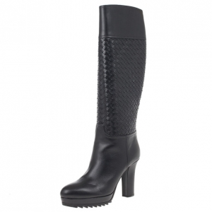 Pre Owned Bottega Veneta Black Leather Intrecciato Platform Knee Boots Size 39