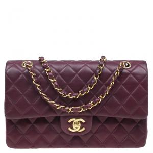 Pre Owned Chanel Maroon Lambskin Matelasse Medium Double Flap Shoulder Bag