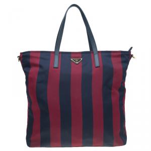 Pre Owned Prada Bicolor Stripped Nylon Shopping Tote