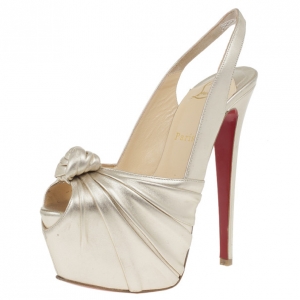Pre Owned Christian Louboutin Metallic Leather Miss Benin Knotted Platform Slingback Sandals Size 37