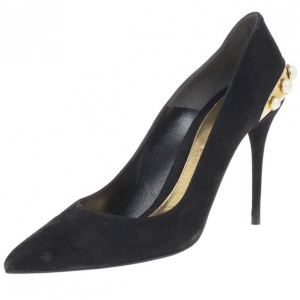 Pre Owned Alexander McQueen Black Suede Gold Trimmed Faux Pearl Pumps Size 41