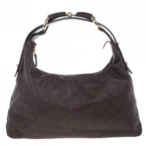 Pre Owned Gucci Dark Brown Leather Guccissima Medium Horsebit Hobo