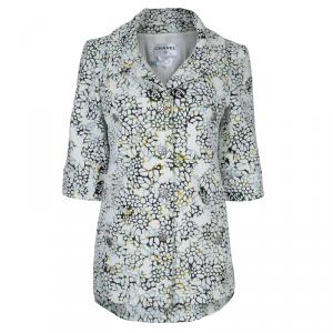 Pre Owned Chanel White Floral Print Tweed Jacket L
