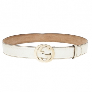 Pre Owned Gucci White Guccissima Leather Interlocking GG Buckle Belt Size 90 CM