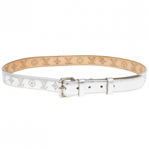Pre Owned Louis Vuitton Silver Leather Mahina Perforated Belt Size 90 CM