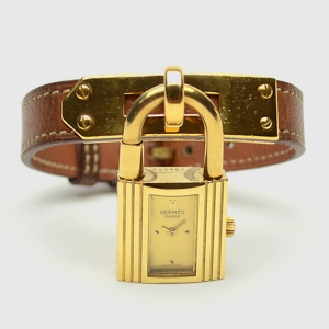 Pre Owned Hermes Gold Brown Leather Kelly Womens Wristwatch 20 MM