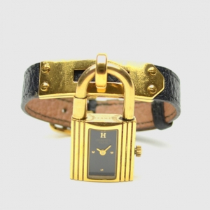 Pre Owned Hermes Gold Black Leather Kelly Womens Wristwatch 20 MM