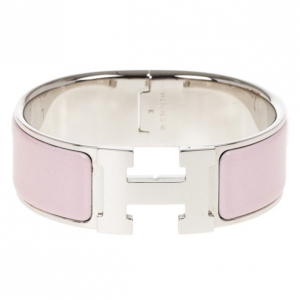 Pre Owned Hermes Clic Clac H Wide Pink Enameled Palladium Plated Bracelet GM
