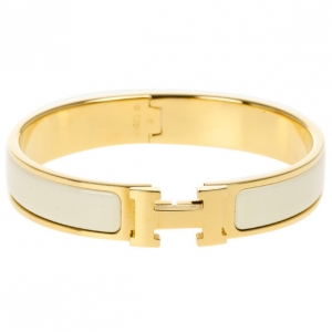 Pre Owned Hermes Clic Clac H Cream Enameled Gold Plated Bracelet GM