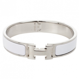 Pre Owned Hermes Clic Clac H White Enamel Palladium Plated Bracelet PM