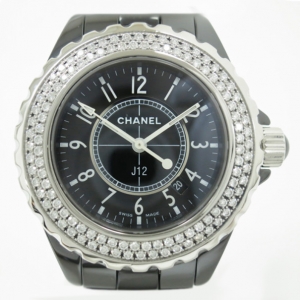 Pre Owned Chanel J12 Diamond Bezel Ceramic Black Ladies Wristwatch 