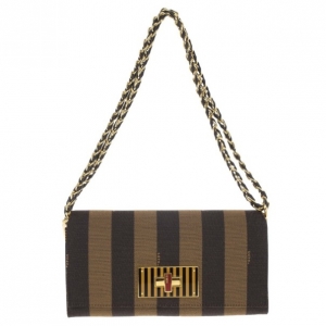 Pre Owned Fendi Brown Canvas Pequin Small Claudia Shoulder Bag