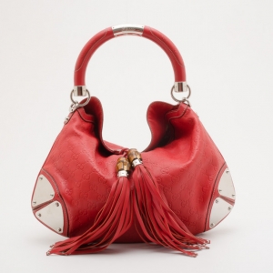 Pre Owned Gucci Red Leather Guccisima Indy Top Handle Bag