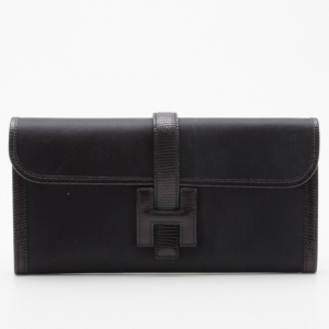Pre Owned Hermes Black Satin Lizard Jige Clutch