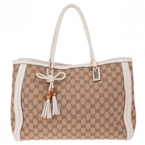 Pre Owned Gucci GG Canvas and White Leather Bella Tote