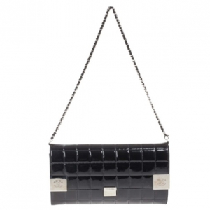 Pre Owned Chanel Black Patent Leather East West Flap Clutch Bag