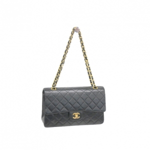 Pre Owned Chanel Black Lambskin Medium Classic Flap Bag