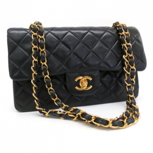 Pre Owned Chanel Black Lambskin Small Classic Flap Bag