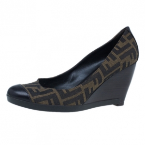 Pre Owned Fendi Zucca Canvas Cap Toe Wedge Pumps Size 40