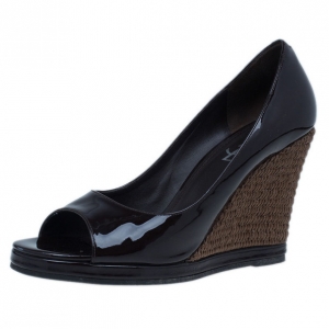 Pre Owned Saint Laurent Paris Brown Dolly Patent Peep Toe Wedges Size 40.5