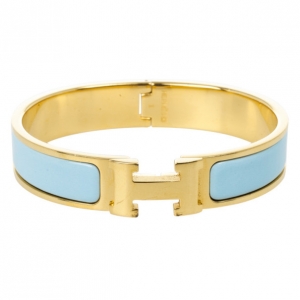 Pre Owned Hemes Clic Clac H Light Blue Enamel Gold Plated Bracelet PM