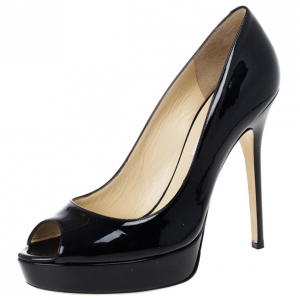 Pre Owned Jimmy Choo Black Patent Crown Peep Toe Pumps Size 39