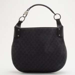 Pre Owned Gucci Black G Details Buckle Denim Canvas Medium Hobo