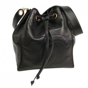Pre Owned Chanel Black Lambskin Drawstring Hobo