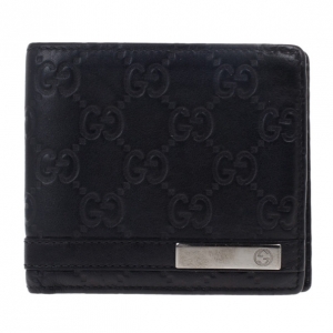 Pre Owned Gucci Black Leather Metal Bar Bi-Fold Wallet