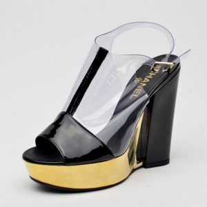 Pre Owned Chanel Transparent Gold and Black Patent Platform Sandals Size 38
