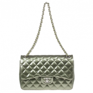 Pre Owned Chanel Green Patent Jumbo Double Flap Bag