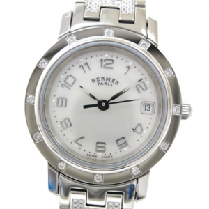 Pre Owned Hermes Clipper Diamond SS Shell Ladies Wristwatch