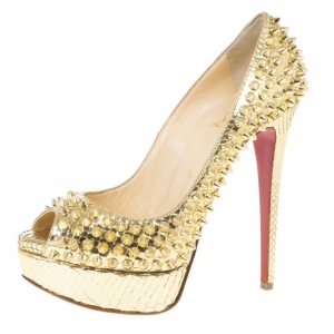 Pre Owned Christian Louboutin Gold Python Spiked Lady Peep Toe Platform Pumps Size 36.5