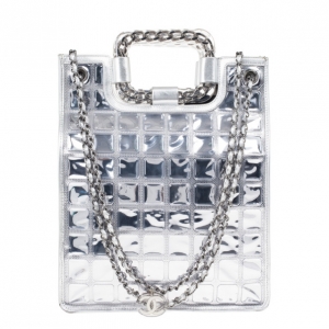 Pre Owned Chanel Silver Leather and Vinyl Ice Cube Tote