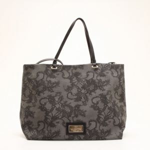 Pre Owned Valentino Black and Grey Lace Printed Coated Canvas Tote