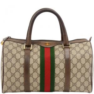 Pre Owned Gucci Beige/Ebony GG Coated Canvas Vintage Boston Bag