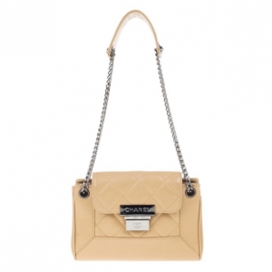 Pre Owned Chanel Beige Lambskin Mini Accordion Flap Bag