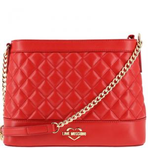Pre Owned Love Moschino Red Quilted Leather Bucket Chain Shoulder Bag