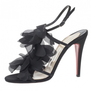 Pre Owned Christian Louboutin Black Satin 'Mount Street' T-Strap Sandals Size 38