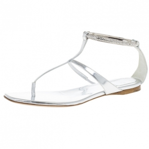 Pre Owned Dior Silver Embellished T Strap Sandals Size 37
