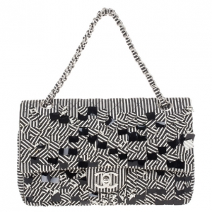 Pre Owned Chanel Monochrome Fabric Striped Diane Kruger 2.55 Double Flap Bag