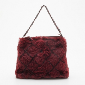 Pre Owned Chanel Burgundy Quilted Rabbit Fur Tote