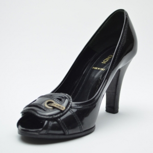 Pre Owned Fendi Black Patent Buckle Peep Toe Pumps Size 37.5
