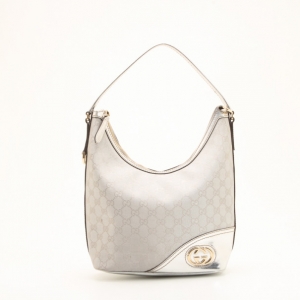Pre Owned Gucci Silver Monogram 'New Britt' Medium Hobo