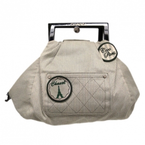 Pre Owned Chanel Grey Striped Coco Paris Boston Bag