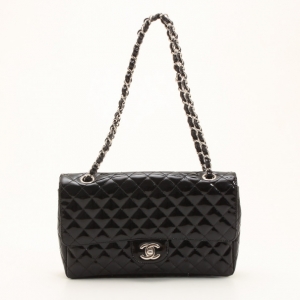 Pre Owned Chanel Black Patent Quilted Secret Label Medium Flap Bag 