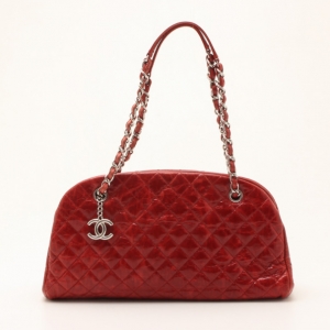 Pre Owned Chanel Red Just Mademoiselle Large Patent Bowler Satchel Handbag